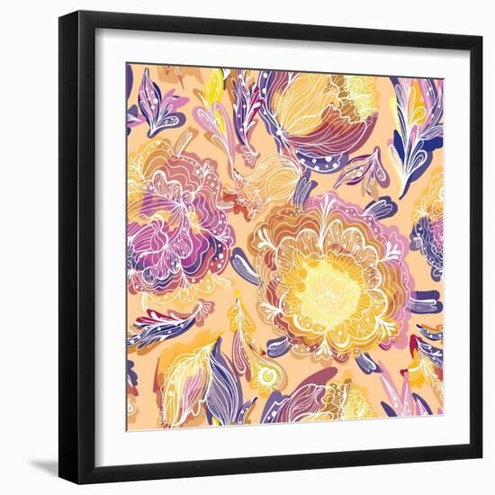 Warm Beige Sand Colored Vector Seamless Background with Sketch Flowers-Anna Komissarenko-Framed Photographic Print