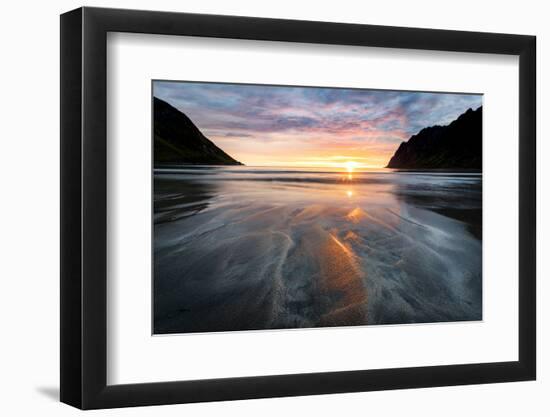 Warm lights of sunset reflecting on sand at Ersfjord beach, Senja island, Troms county, Norway-Roberto Moiola-Framed Photographic Print