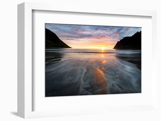 Warm lights of sunset reflecting on sand at Ersfjord beach, Senja island, Troms county, Norway-Roberto Moiola-Framed Photographic Print