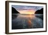 Warm lights of sunset reflecting on sand at Ersfjord beach, Senja island, Troms county, Norway-Roberto Moiola-Framed Photographic Print