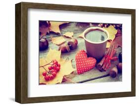 Warming Coffee Cup, Red Heart and Autumn Still Life-ChamilleWhite-Framed Photographic Print