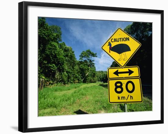 Warning Road Sign for Cassowaries Near Mission Beach, Northeast Coast of Queensland, Australia-Robert Francis-Framed Photographic Print