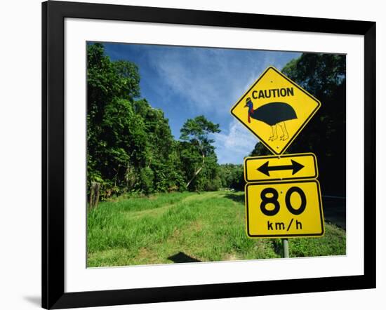 Warning Road Sign for Cassowaries Near Mission Beach, Northeast Coast of Queensland, Australia-Robert Francis-Framed Photographic Print