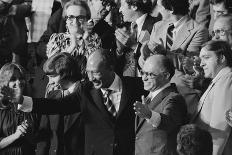 Anwar Sadat and Menachem Begin acknowledge President Carter as he announces the Camp David Accords-Warren K. Leffler-Framed Photographic Print