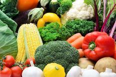 Collection of Fresh Red Toned Vegetables and Fruits Raw Produce on White Rustic Background, Peppers-warrengoldswain-Stretched Canvas