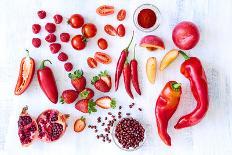 Collection of Fresh Red Toned Vegetables and Fruits Raw Produce on White Rustic Background, Peppers-warrengoldswain-Photographic Print