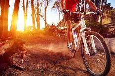 Low Angle View Of Cyclist Riding Mountain Bike On Rocky Trail At Sunrise-warrengoldswain-Photographic Print