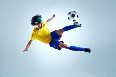 Brazil Soccer Fans Stand on Beach Together with Flag for World Cup with Ball-warrengoldswain-Photographic Print