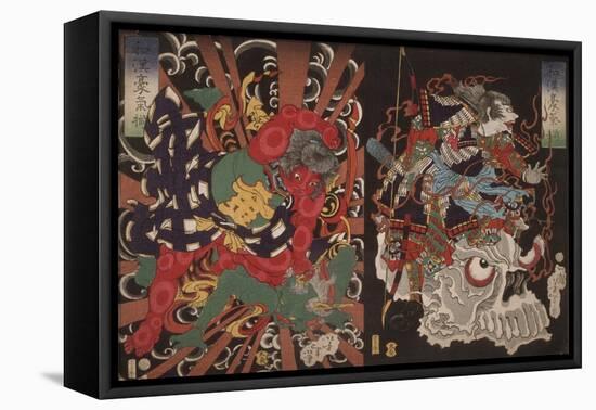 Warrior on Skull and Kintoki Overpowering a Demon, from the Series Valour in China and Japan, 1868-Tsukioka Yoshitoshi-Framed Stretched Canvas