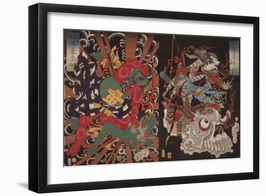 Warrior on Skull and Kintoki Overpowering a Demon, from the Series Valour in China and Japan, 1868-Tsukioka Yoshitoshi-Framed Premium Giclee Print