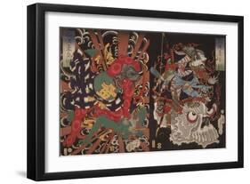 Warrior on Skull and Kintoki Overpowering a Demon, from the Series Valour in China and Japan, 1868-Tsukioka Yoshitoshi-Framed Premium Giclee Print