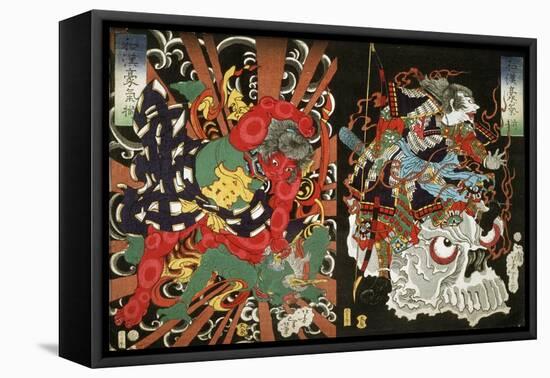 Warrior on Skull and Kintoki Overpowering a Demon, from the Series Valour in China and Japan, 1868-Tsukioka Yoshitoshi-Framed Stretched Canvas