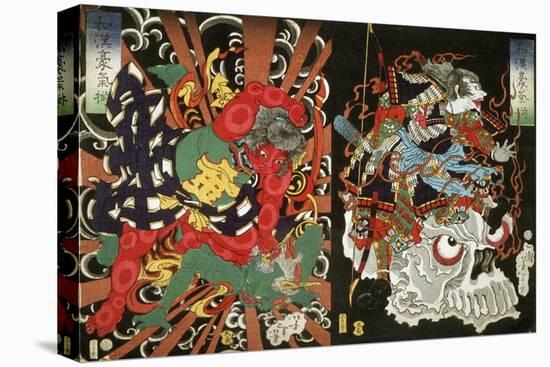 Warrior on Skull and Kintoki Overpowering a Demon, from the Series Valour in China and Japan, 1868-Tsukioka Yoshitoshi-Stretched Canvas