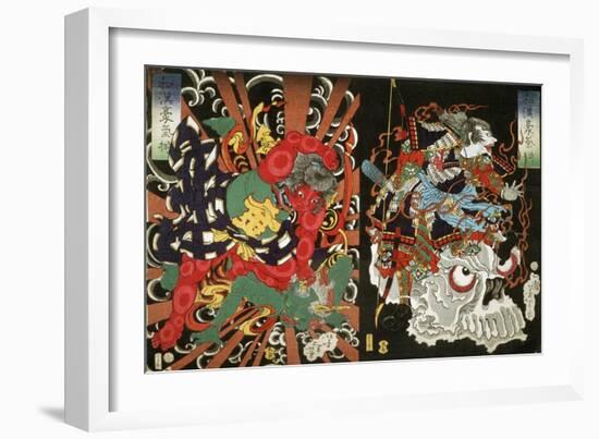 Warrior on Skull and Kintoki Overpowering a Demon, from the Series Valour in China and Japan, 1868-Tsukioka Yoshitoshi-Framed Giclee Print