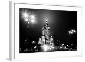 Warsaw, Poland Downtown Skyline At Night In Black And White-Michal Bednarek-Framed Art Print