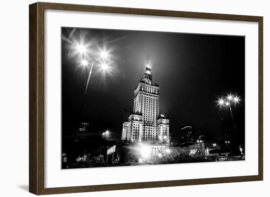 Warsaw, Poland Downtown Skyline At Night In Black And White-Michal Bednarek-Framed Art Print