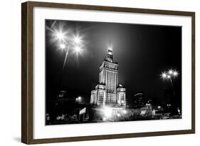 Warsaw, Poland Downtown Skyline At Night In Black And White-Michal Bednarek-Framed Art Print