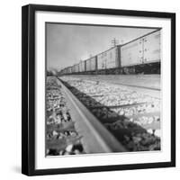Wartime Railroading: Box Cars of Freight Train Moving Down the Track-Alfred Eisenstaedt-Framed Photographic Print