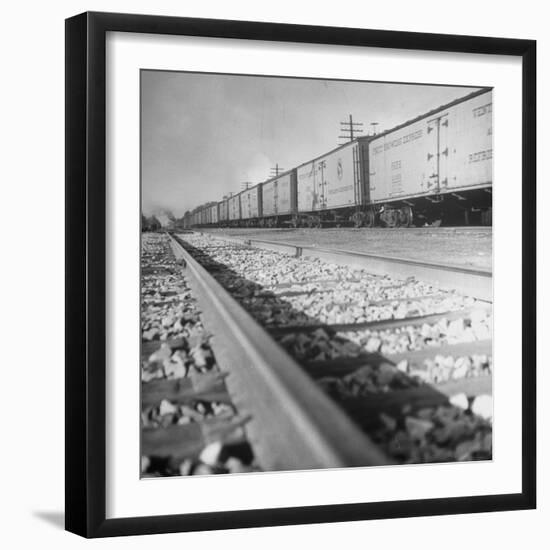 Wartime Railroading: Box Cars of Freight Train Moving Down the Track-Alfred Eisenstaedt-Framed Photographic Print