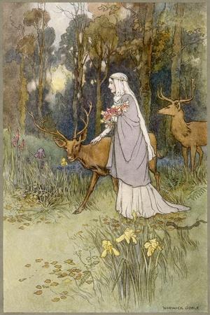 Woman Walking Through the Woods with a Timid Dun Deer