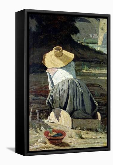 Washerwoman by the River, 1860-Paul Camille Guigou-Framed Stretched Canvas