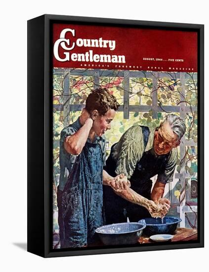 "Washing Up for Supper," Country Gentleman Cover, August 1, 1944-Douglas Crockwell-Framed Stretched Canvas