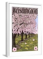 Washington - Cherry Blossoms-Lantern Press-Framed Art Print