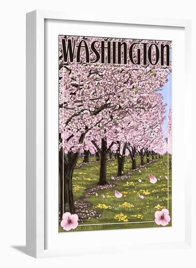 Washington - Cherry Blossoms-Lantern Press-Framed Art Print
