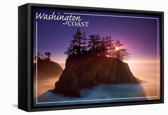 Washington Coast - Ocean Island Sunset-Lantern Press-Framed Stretched Canvas