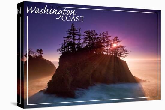 Washington Coast - Ocean Island Sunset-Lantern Press-Stretched Canvas