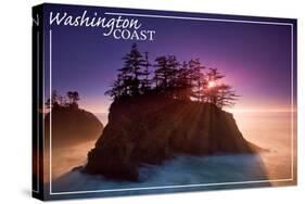 Washington Coast - Ocean Island Sunset-Lantern Press-Stretched Canvas