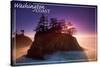 Washington Coast - Ocean Island Sunset-Lantern Press-Stretched Canvas