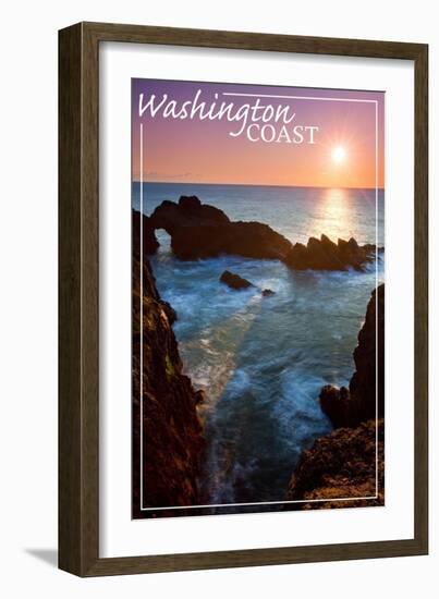 Washington Coast - Rocky Cove and Sunset-Lantern Press-Framed Art Print