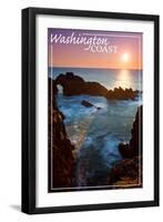 Washington Coast - Rocky Cove and Sunset-Lantern Press-Framed Art Print