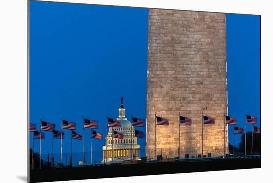 WASHINGTON D.C. - US Flags with cropped view of US Capitol and Washington Monument surrounded by...-null-Mounted Photographic Print