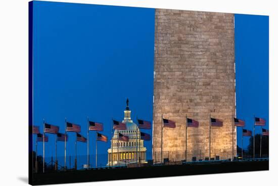 WASHINGTON D.C. - US Flags with cropped view of US Capitol and Washington Monument surrounded by...-null-Stretched Canvas