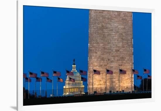WASHINGTON D.C. - US Flags with cropped view of US Capitol and Washington Monument surrounded by...-null-Framed Photographic Print