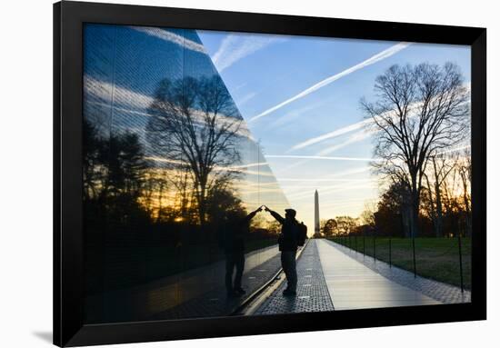 Washington DC - A Veteran Looks for a Name at Vietnam Veterans Memorial Wall at Sunrise-Orhan-Framed Premium Photographic Print