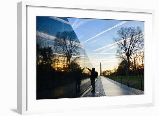 Washington DC - A Veteran Looks for a Name at Vietnam Veterans Memorial Wall at Sunrise-Orhan-Framed Photographic Print