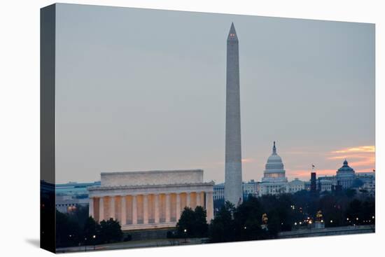 Washington DC City View at Sunrise, including Lincoln Memorial, Monument and Capitol Building-Orhan-Stretched Canvas