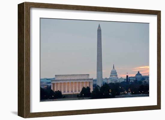 Washington DC City View at Sunrise, including Lincoln Memorial, Monument and Capitol Building-Orhan-Framed Photographic Print