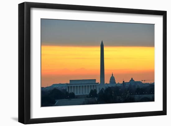 Washington DC City View in Sunrise, including Lincoln Memorial, Monument and Capitol Building-Orhan-Framed Photographic Print