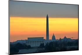 Washington DC City View in Sunrise, including Lincoln Memorial, Monument and Capitol Building-Orhan-Mounted Photographic Print