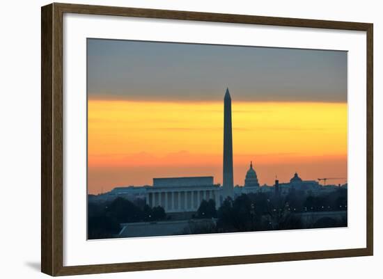 Washington DC City View in Sunrise, including Lincoln Memorial, Monument and Capitol Building-Orhan-Framed Photographic Print