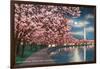 Washington DC, Potomac Park and Blossoming Cherry Trees Scene at Night-Lantern Press-Framed Art Print