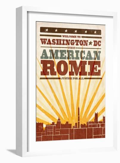 Washington, DC - Skyline and Sunburst Screenprint Style-Lantern Press-Framed Art Print