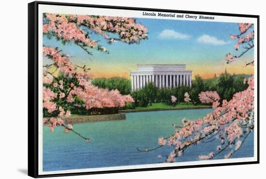 Washington DC, View of the Lincoln Memorial through Blossoming Cherry Trees-Lantern Press-Framed Stretched Canvas