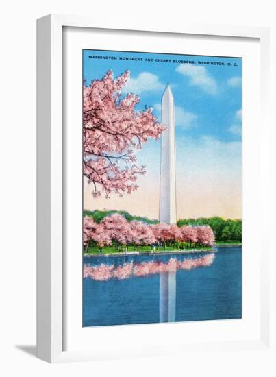 Washington DC, View of the Washington Monument through Blossoming Cherry Trees-Lantern Press-Framed Art Print