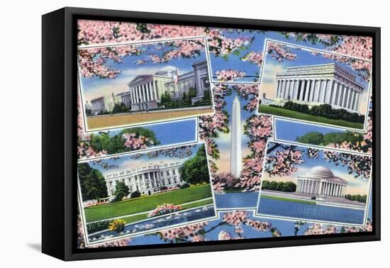 Washington, DC, Views Memorials, Monuments, White House and Blossoming Cherry Trees-Lantern Press-Framed Stretched Canvas