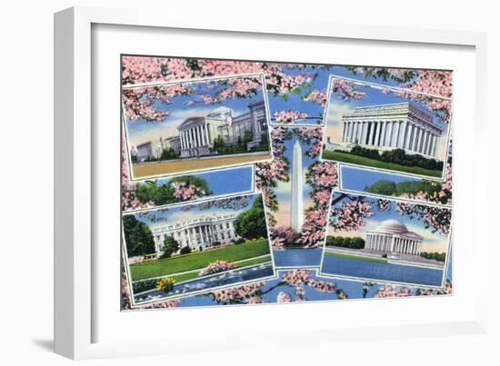 Washington, DC, Views Memorials, Monuments, White House and Blossoming Cherry Trees-Lantern Press-Framed Art Print
